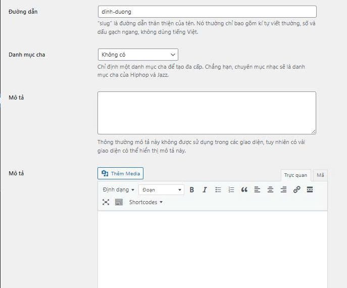 Code chèn mô tả với đầy đủ tool vào danh mục sản phẩm