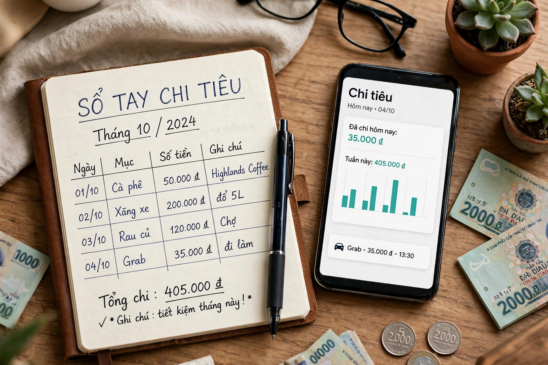 Sổ tay ghi chép chi tiêu tháng 10/2024 đặt cạnh điện thoại hiển thị biểu đồ chi tiêu tuần, cùng bút, tiền giấy và tiền xu trên bàn gỗ.