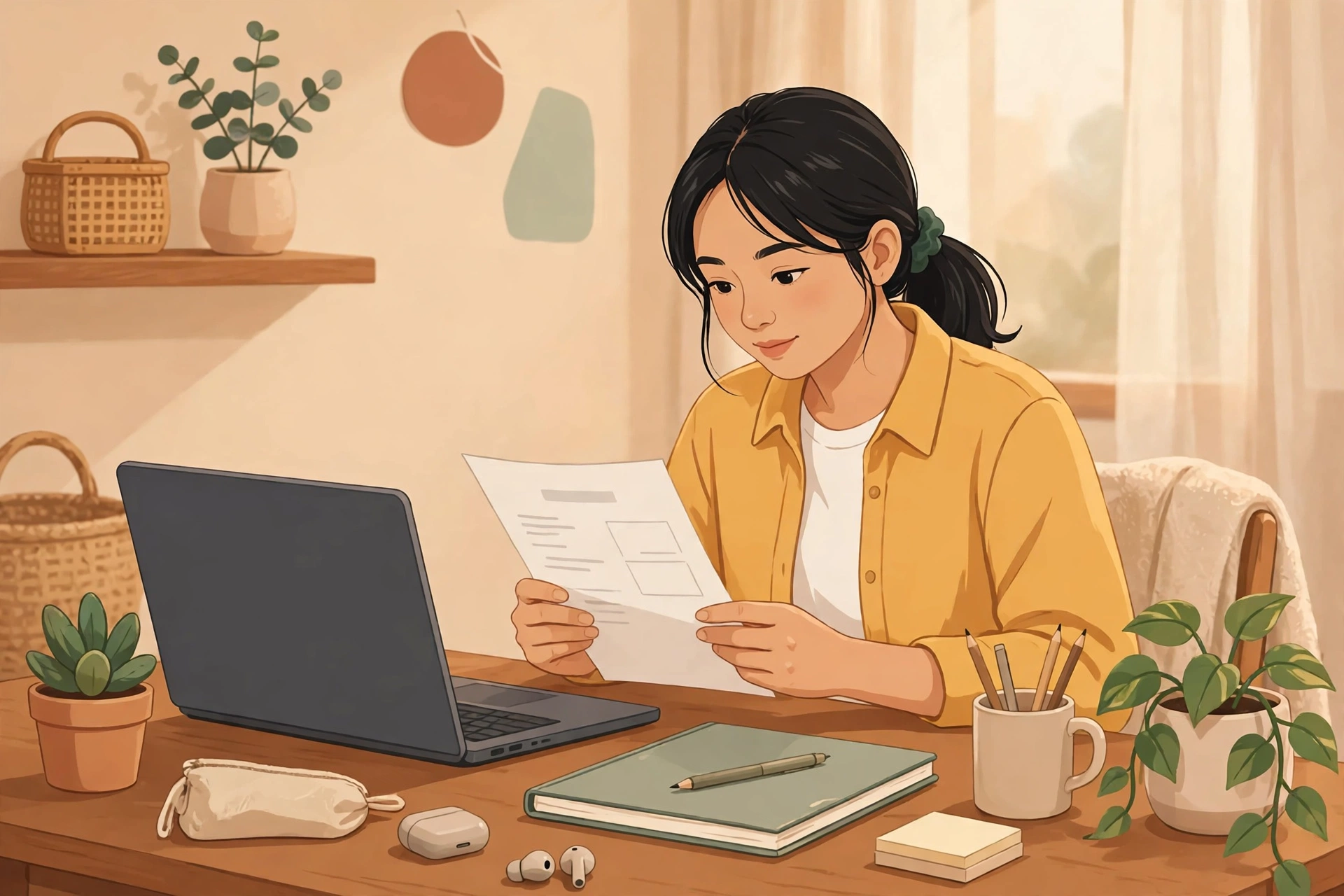 Cô gái trẻ mặc áo vàng ngồi tại bàn gỗ, tay cầm tờ CV in sẵn, trước mặt có laptop, sổ tay, cốc đựng bút và chậu cây.