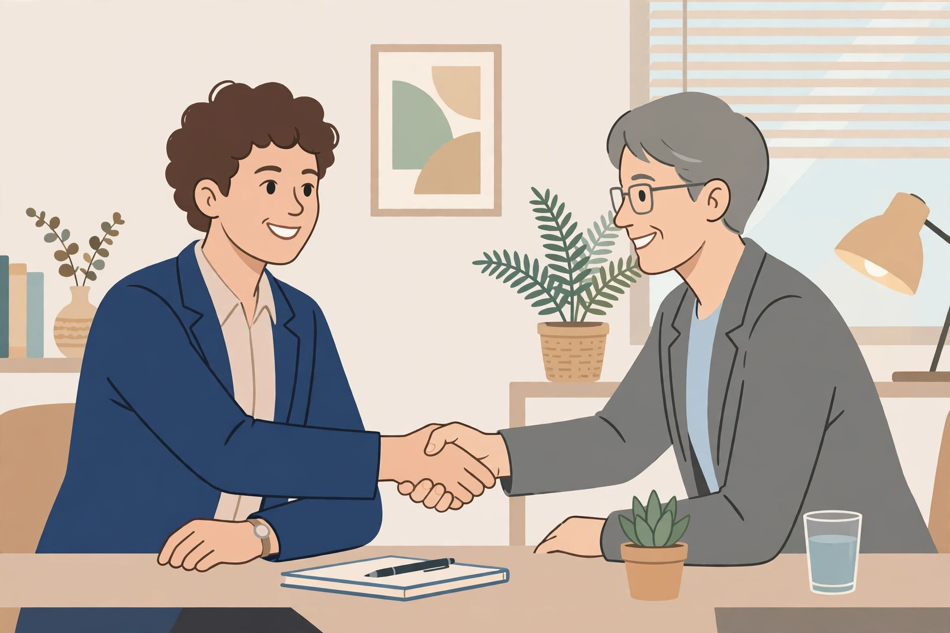 Hai người đàn ông bắt tay nhau qua bàn làm việc trong văn phòng, một người mặc vest xanh, một người mặc vest xám đeo kính.