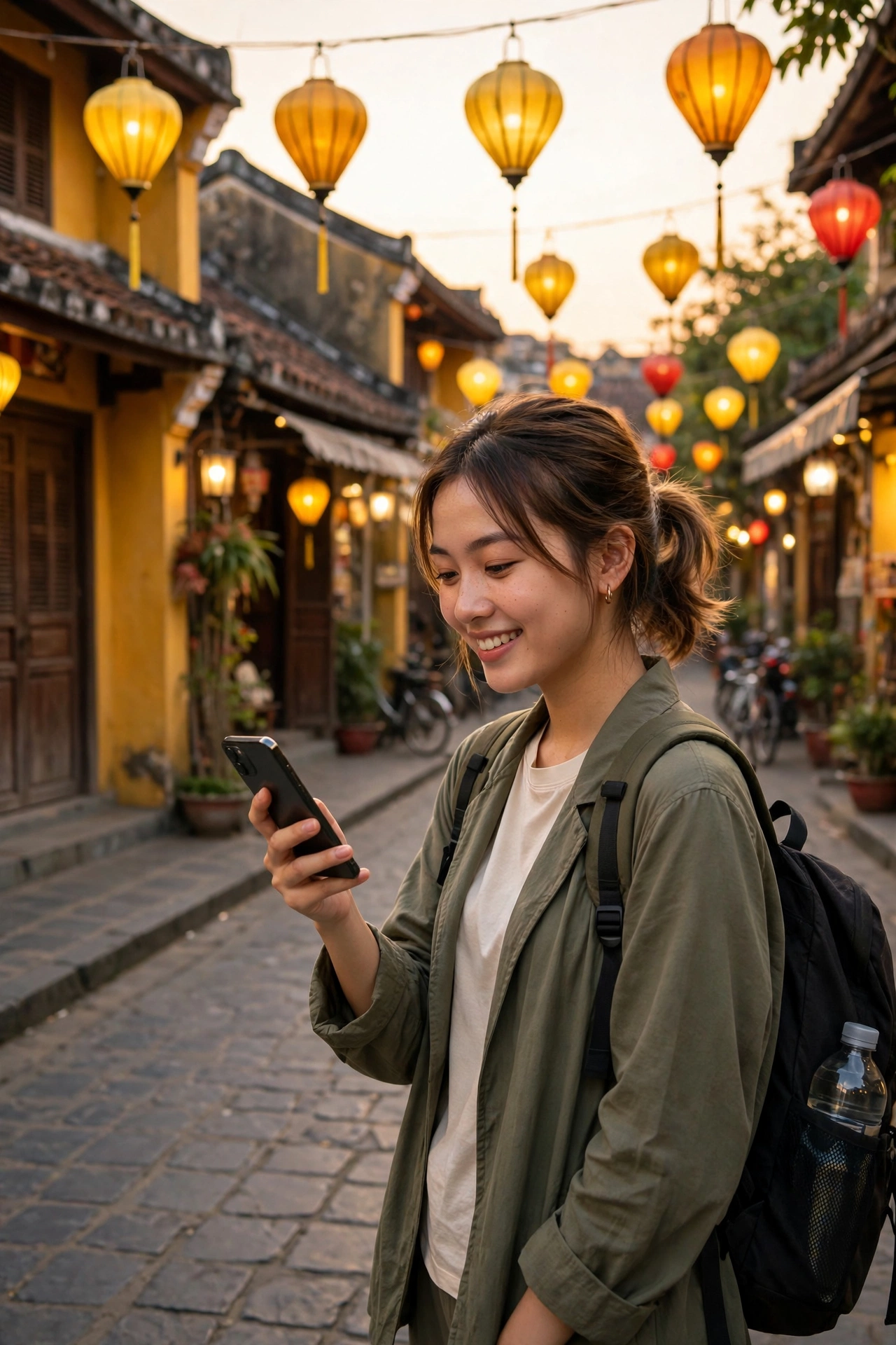 Du khách trẻ đeo ba lô mỉm cười xem điện thoại trên con phố treo đèn lồng vàng đỏ lúc hoàng hôn.