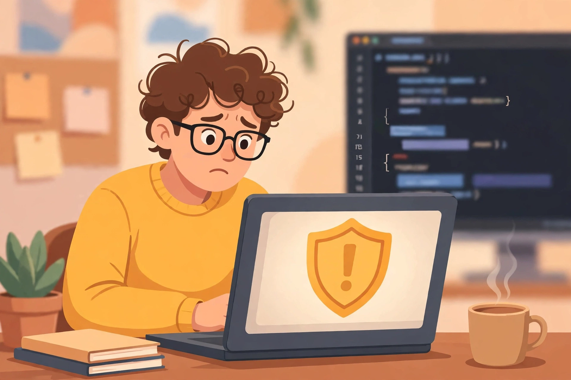 Chàng trai tóc xoăn đeo kính, mặc áo len vàng, vẻ mặt lo lắng nhìn vào laptop hiển thị khiên vàng có dấu chấm than, phía sau là màn hình code, trên bàn có sách, chậu cây và tách cà phê.