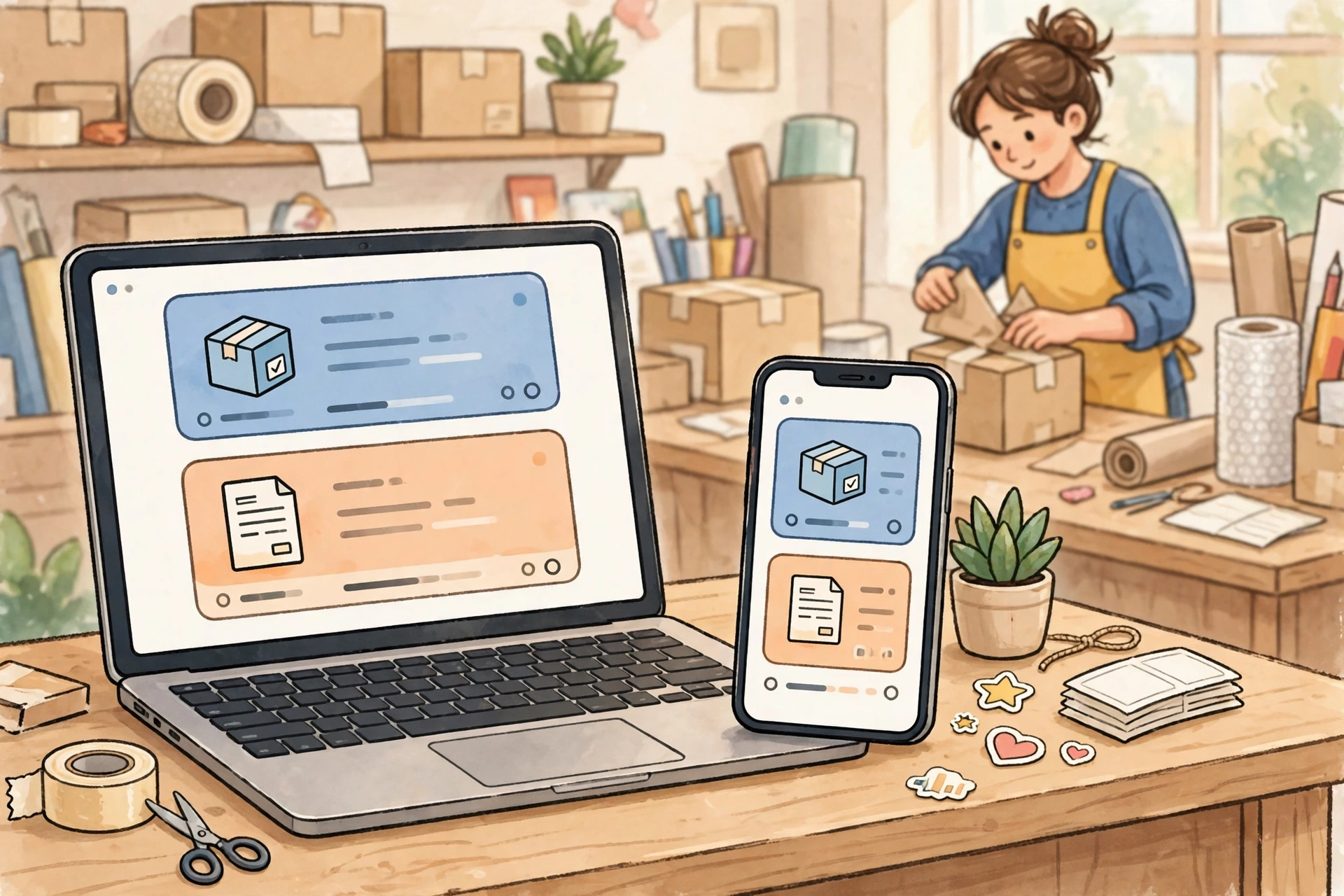 Laptop và điện thoại đặt trên quầy hàng hiển thị thẻ đơn hàng và hóa đơn, phía sau là người phụ nữ mặc tạp dề vàng đang gói bưu kiện giữa các thùng carton