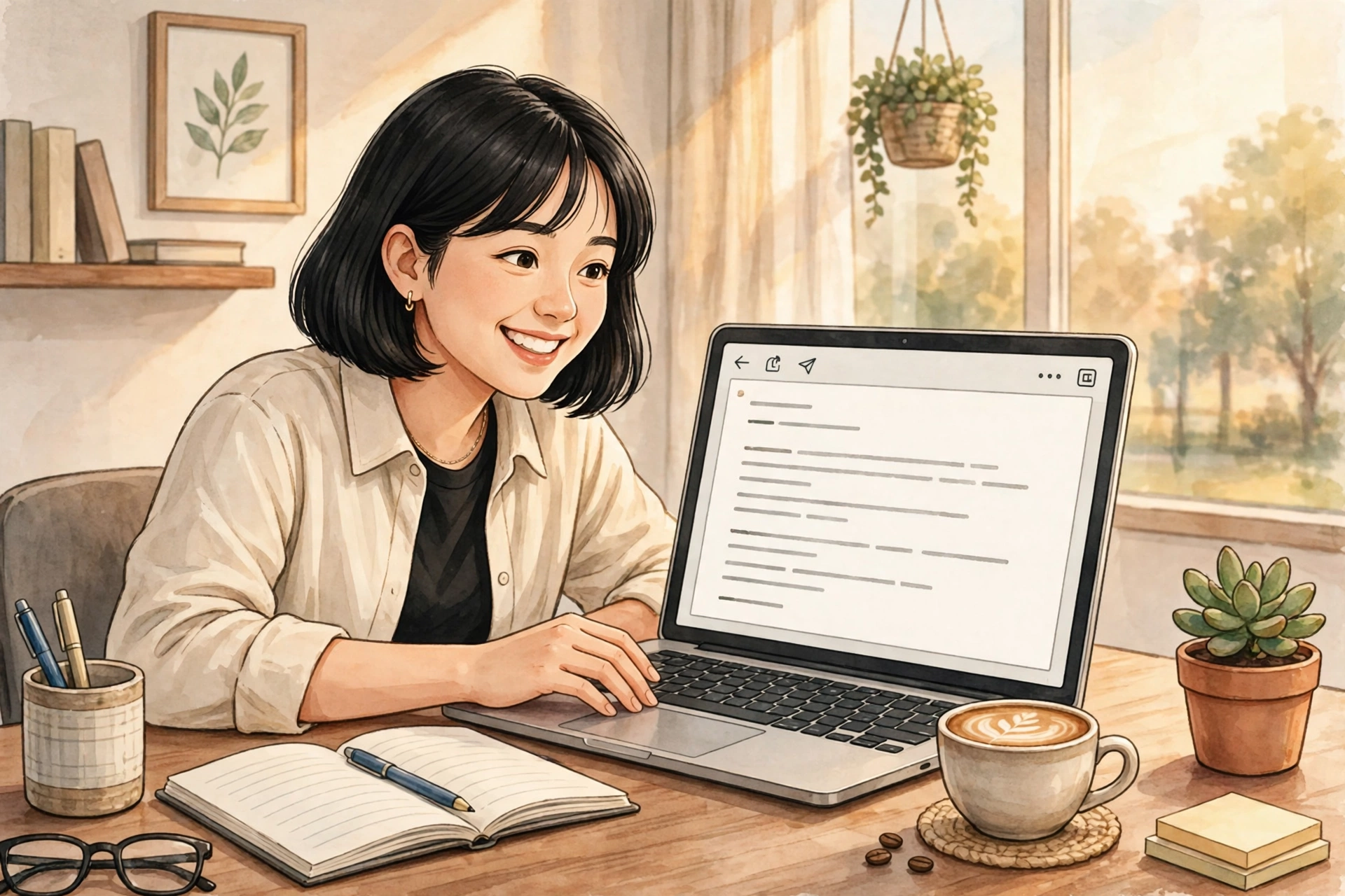 Người phụ nữ tóc ngắn màu đen mỉm cười ngồi trước laptop đang hiển thị bản nháp email, trên bàn có sổ tay mở, tách cà phê và chậu cây nhỏ