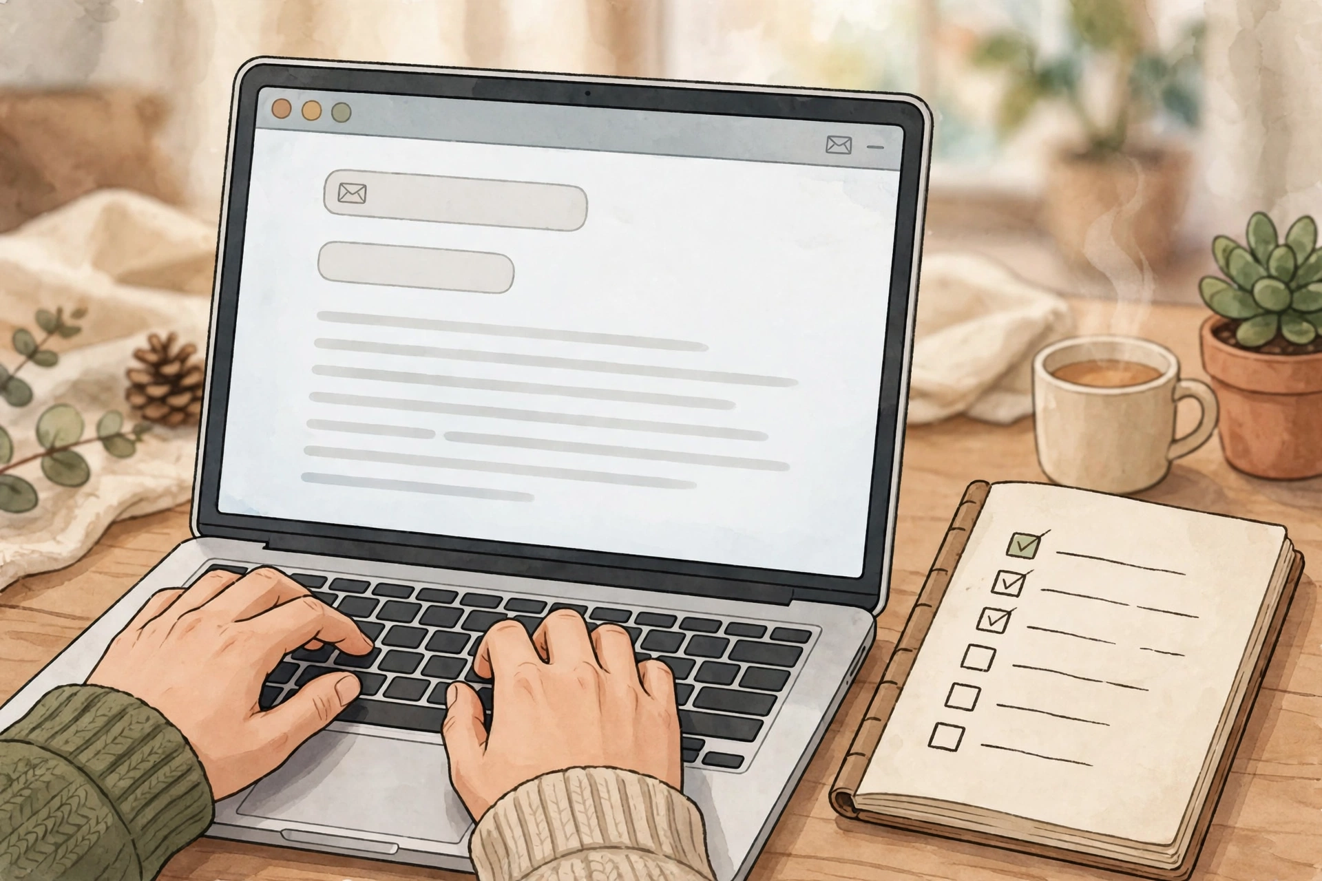 Hai bàn tay đang gõ bàn phím laptop hiển thị cửa sổ soạn email, bên cạnh là sổ tay có danh sách checklist đã tick, tách cà phê và chậu cây sen đá