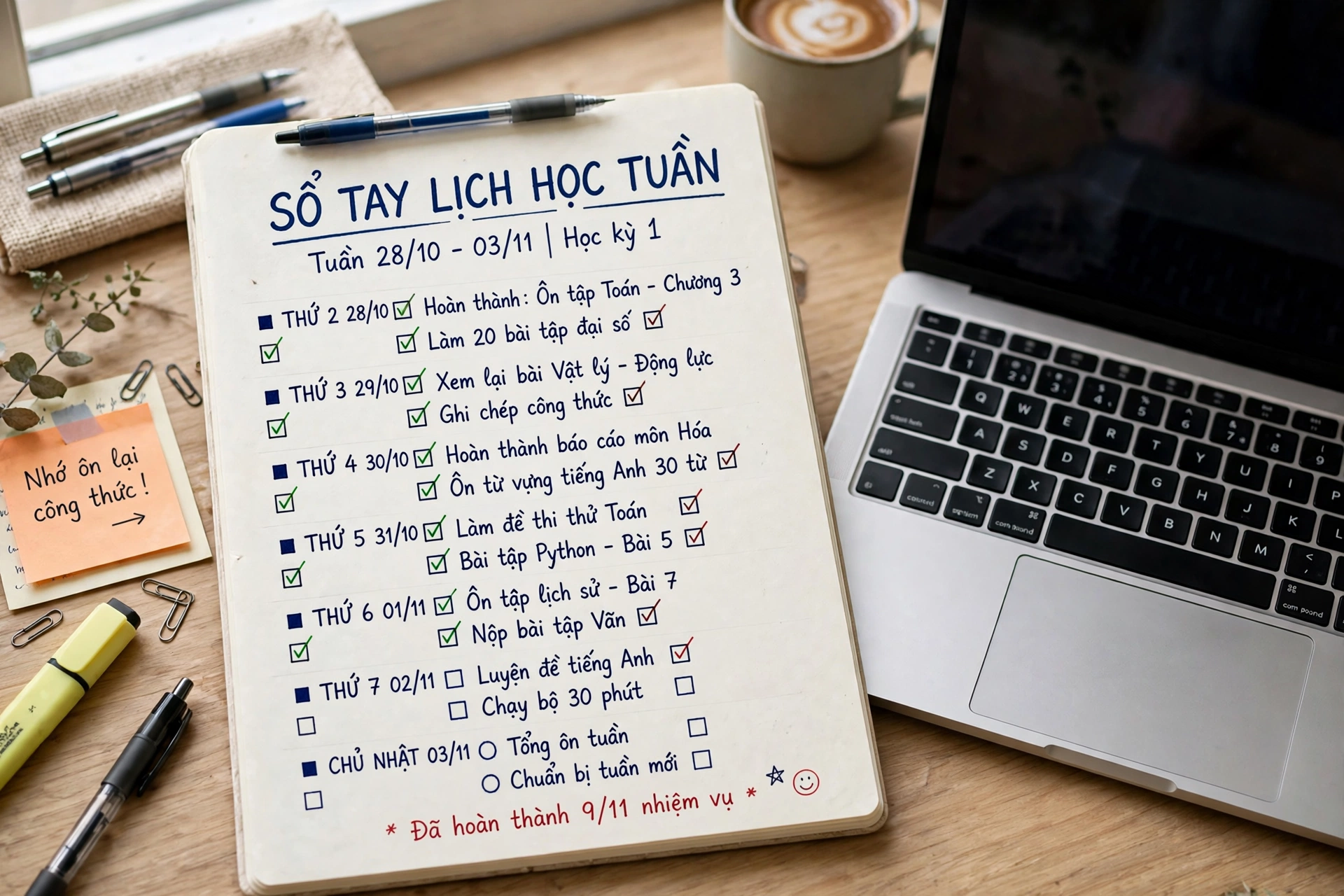 Sổ tay lịch học tuần mở trên bàn gỗ, ghi các nhiệm vụ từ thứ 2 đến chủ nhật với nhiều ô đã tick xanh, đặt cạnh laptop, bút và tách cà phê; góc trái có giấy nhớ ghi “Nhớ ôn lại công thức!”.