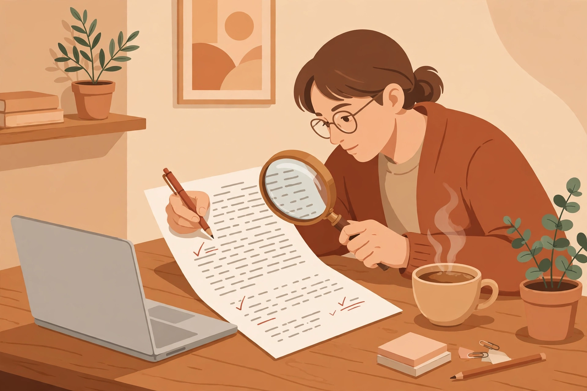 Người phụ nữ đeo kính, mặc áo khoác nâu, một tay cầm kính lúp soi tài liệu, tay kia cầm bút đỏ đánh dấu tích, bên cạnh là laptop, tách cà phê và chậu cây trên bàn gỗ.