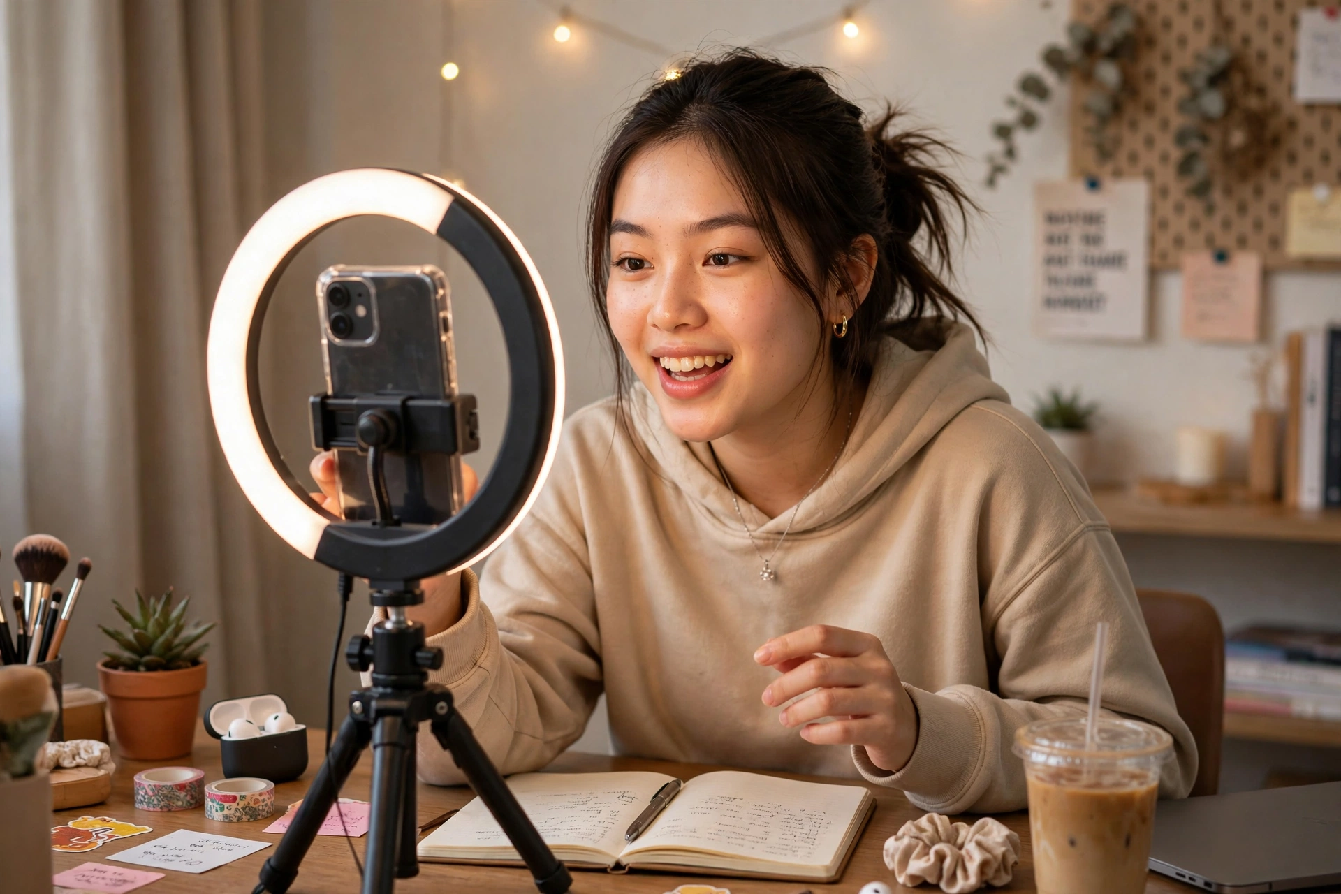 Cô gái trẻ mặc áo hoodie màu be đang cười và quay video ngắn bằng điện thoại gắn trên đèn ring light chân tripod, trên bàn có sổ tay mở, ly cà phê đá và tai nghe.