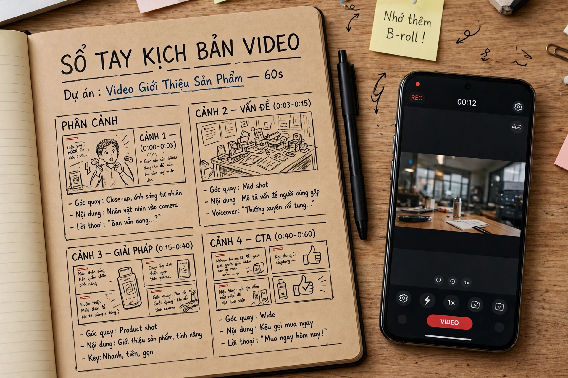 Sổ tay ‘Sổ tay kịch bản video’ với storyboard phân cảnh 1 đến 4 gồm hook, vấn đề, giải pháp và kêu gọi hành động, đặt bên cạnh điện thoại đang quay video ở giây thứ 12 và giấy nhớ ghi ‘Nhớ thêm B-roll!’.