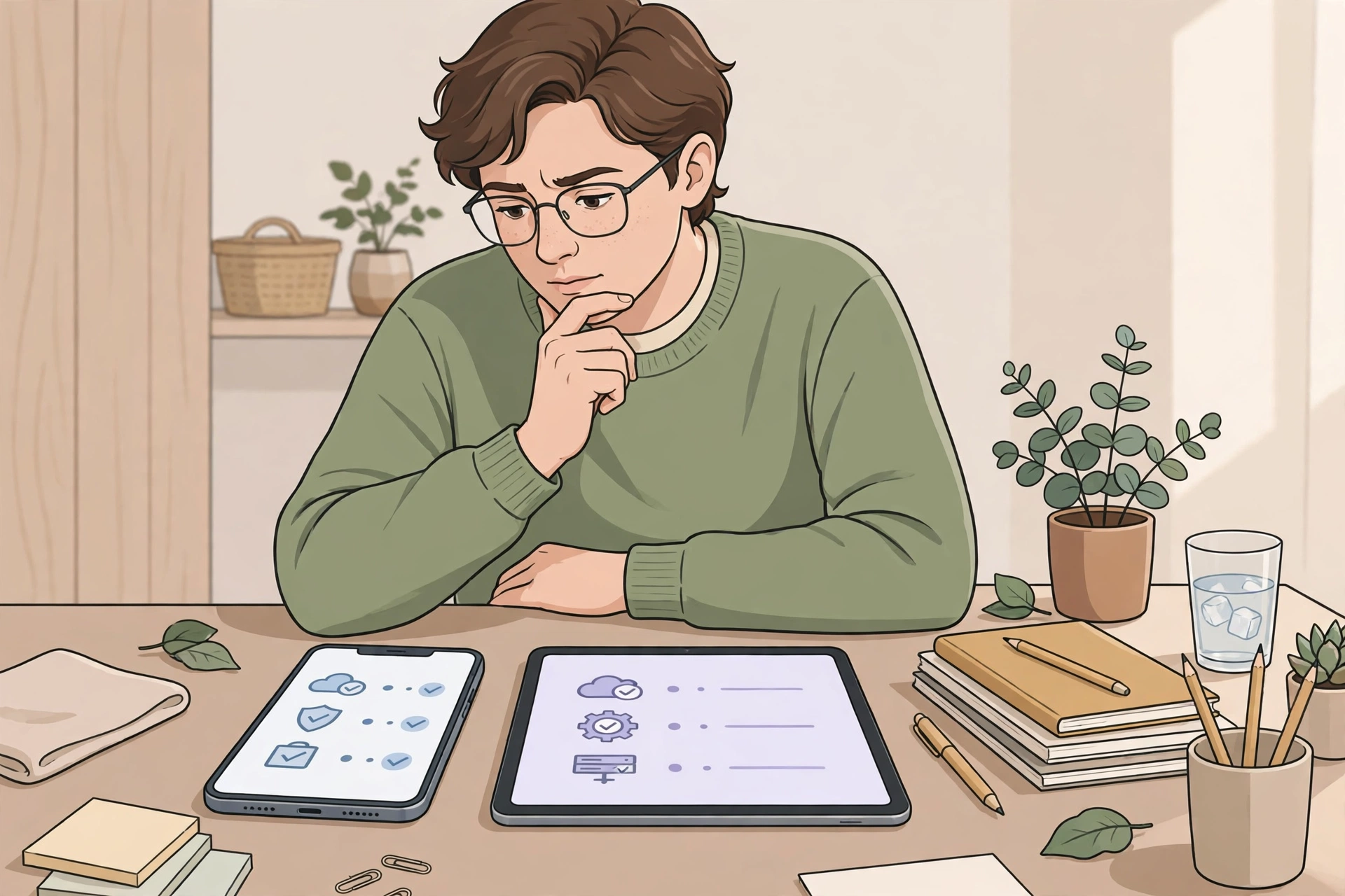 Người đàn ông đeo kính trầm tư cân nhắc lựa chọn gói dịch vụ trên điện thoại và máy tính bảng