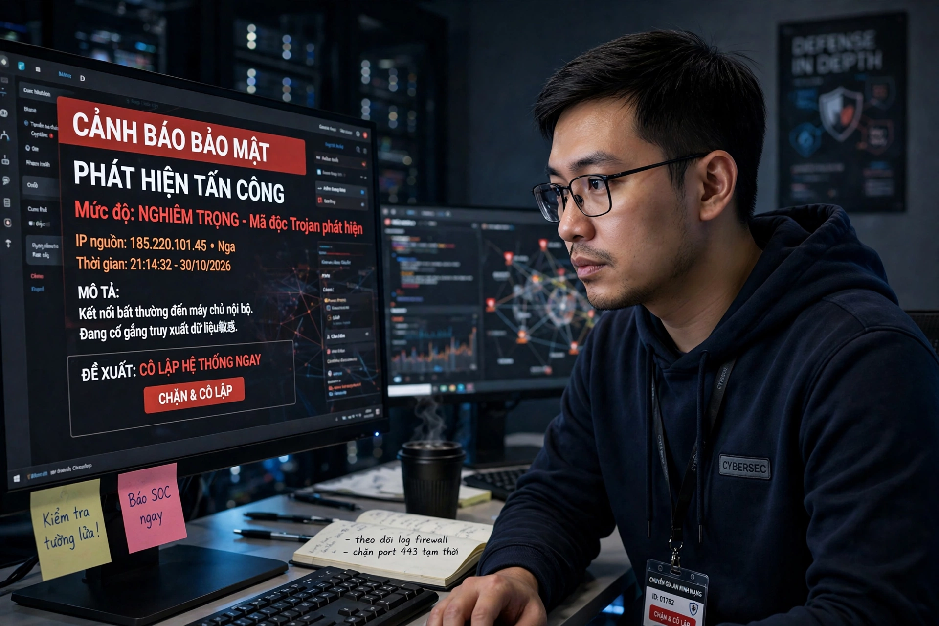 Chuyên gia an ninh mạng đeo kính, mặc áo hoodie có thẻ CYBERSEC, đang xem màn hình hiển thị cảnh báo bảo mật màu đỏ 'Phát hiện tấn công' trong phòng giám sát an ninh, phía sau có màn hình biểu đồ và sổ tay, cốc cà phê trên bàn.
