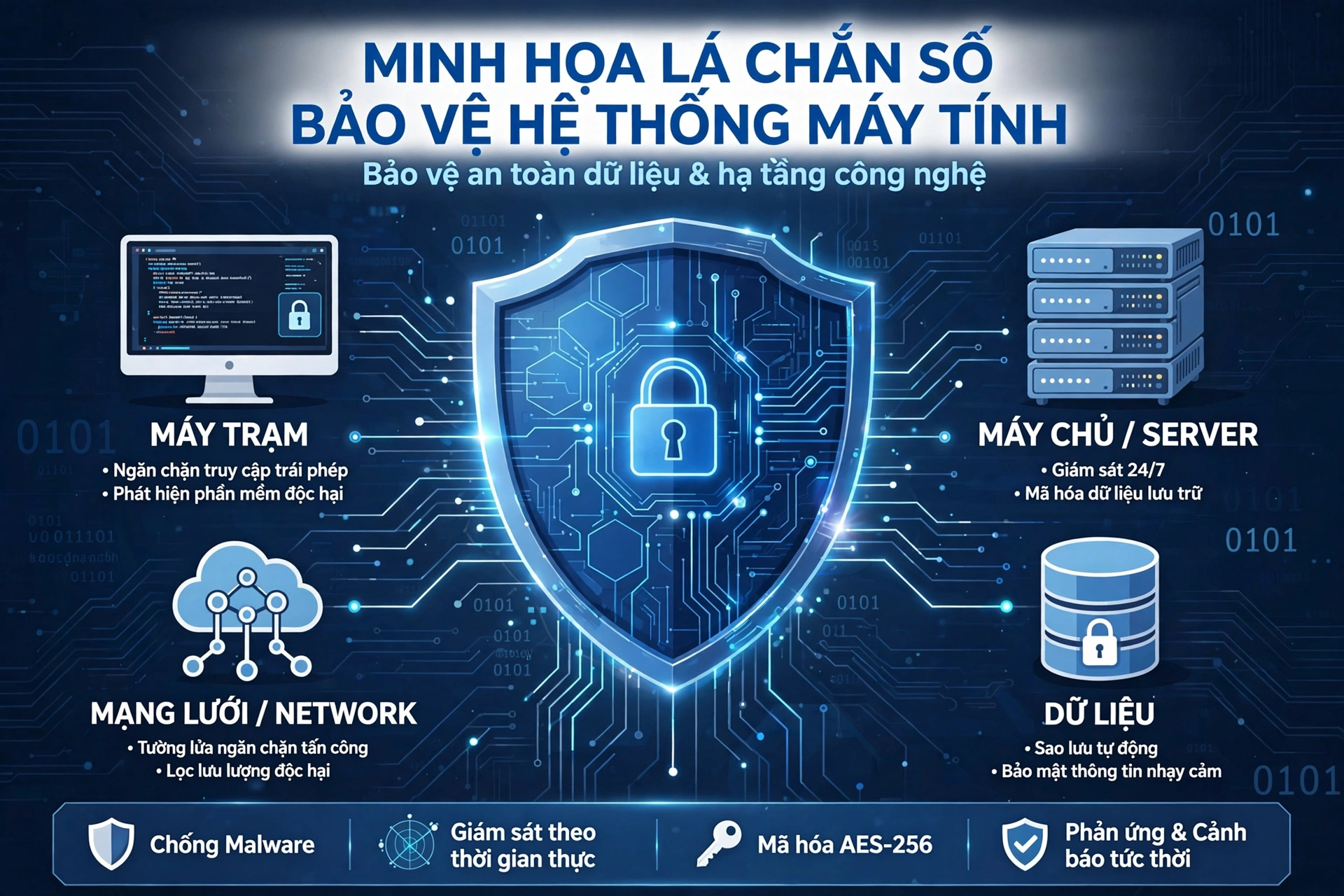 Minh họa lá chắn số màu xanh phát sáng có ổ khóa ở giữa, nối với máy trạm, máy chủ, mạng lưới và cơ sở dữ liệu trên nền mạch điện tử.