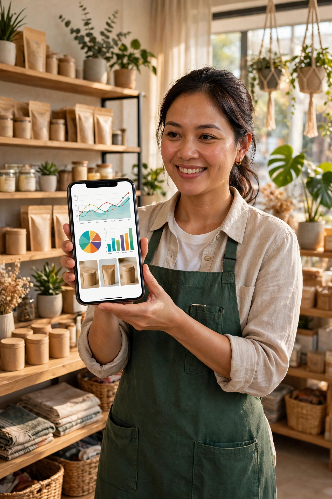 Người phụ nữ mặc tạp dề xanh lá mỉm cười, cầm điện thoại hiển thị biểu đồ đường, biểu đồ tròn, biểu đồ cột và ảnh sản phẩm, phía sau là kệ hàng với túi giấy và hũ đựng trong một cửa hàng sáng sủa