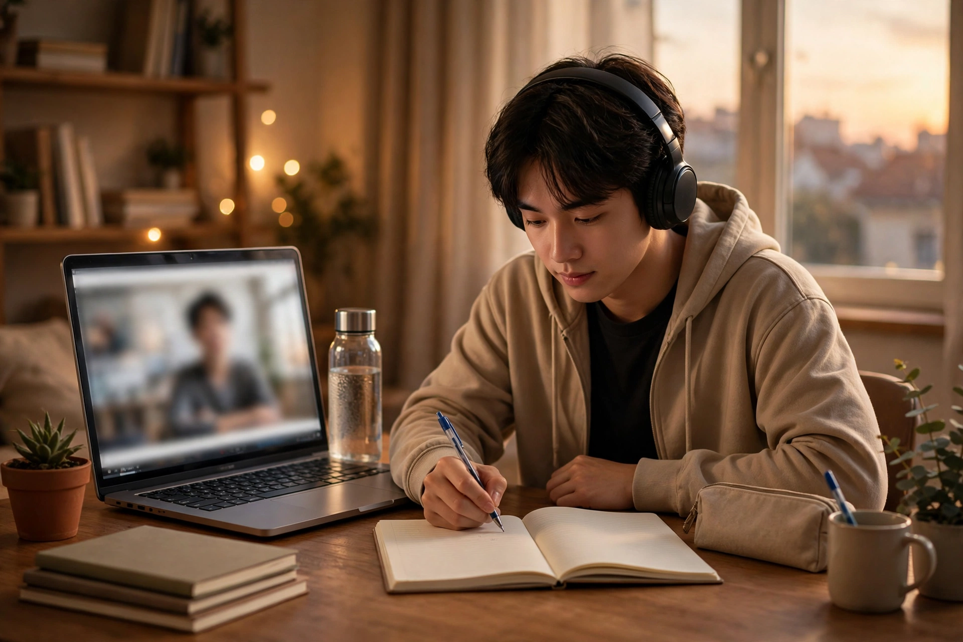 Nam sinh viên đeo tai nghe, mặc áo hoodie màu be, đang viết vào sổ tay trong lúc xem video bài giảng mờ trên laptop, trên bàn có chai nước, sách và cốc, ánh sáng buổi tối ấm áp