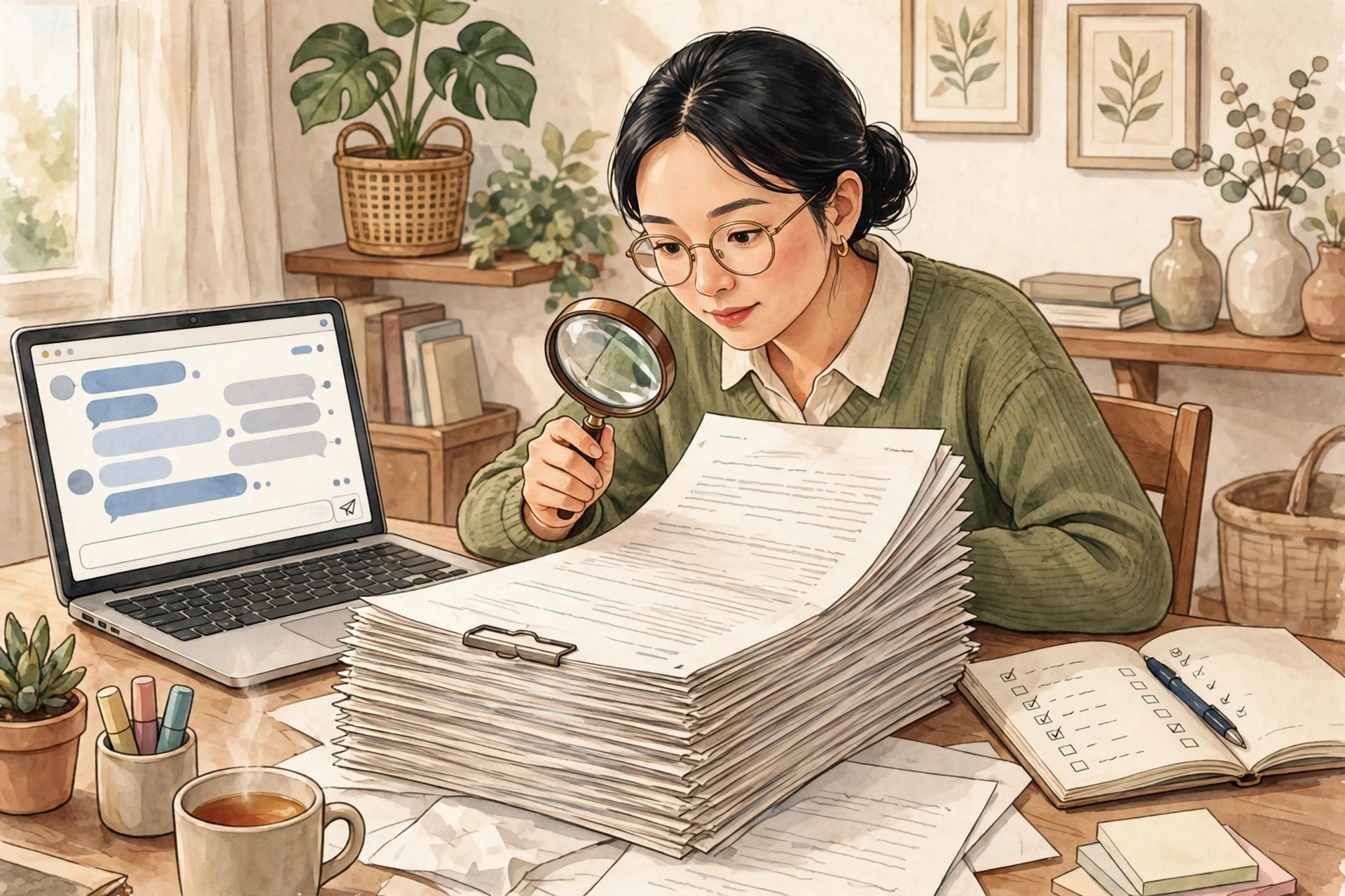 Người phụ nữ đeo kính cầm kính lúp soi tập hợp đồng dày trên bàn làm việc, bên cạnh là laptop mở khung trò chuyện, sổ checklist và tách cà phê