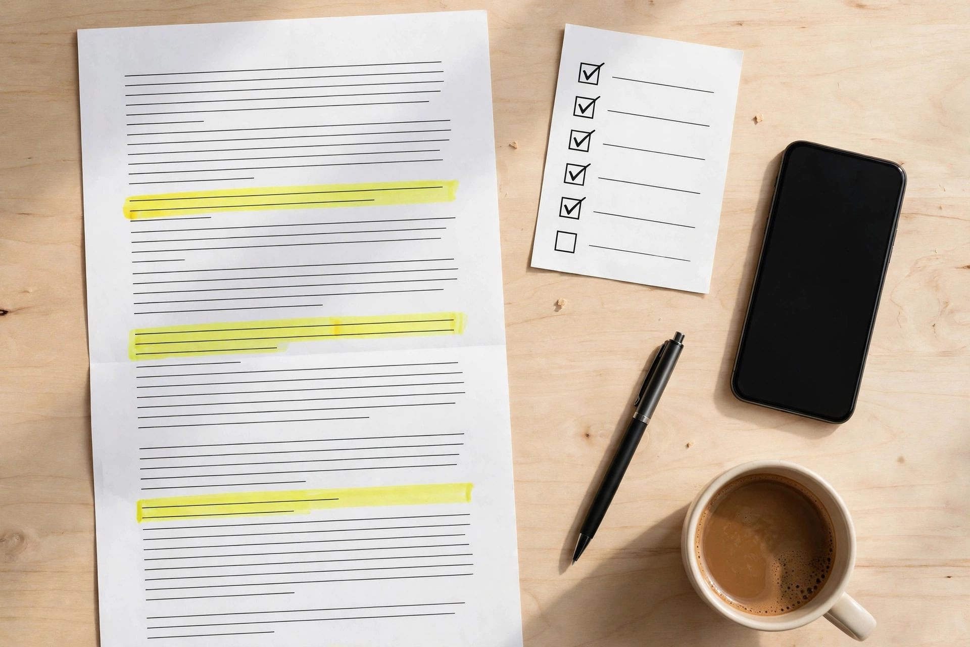 Nhìn từ trên xuống bàn gỗ: bản hợp đồng có ba đoạn được tô vàng, tờ checklist đã tích năm mục, bút, điện thoại và tách cà phê