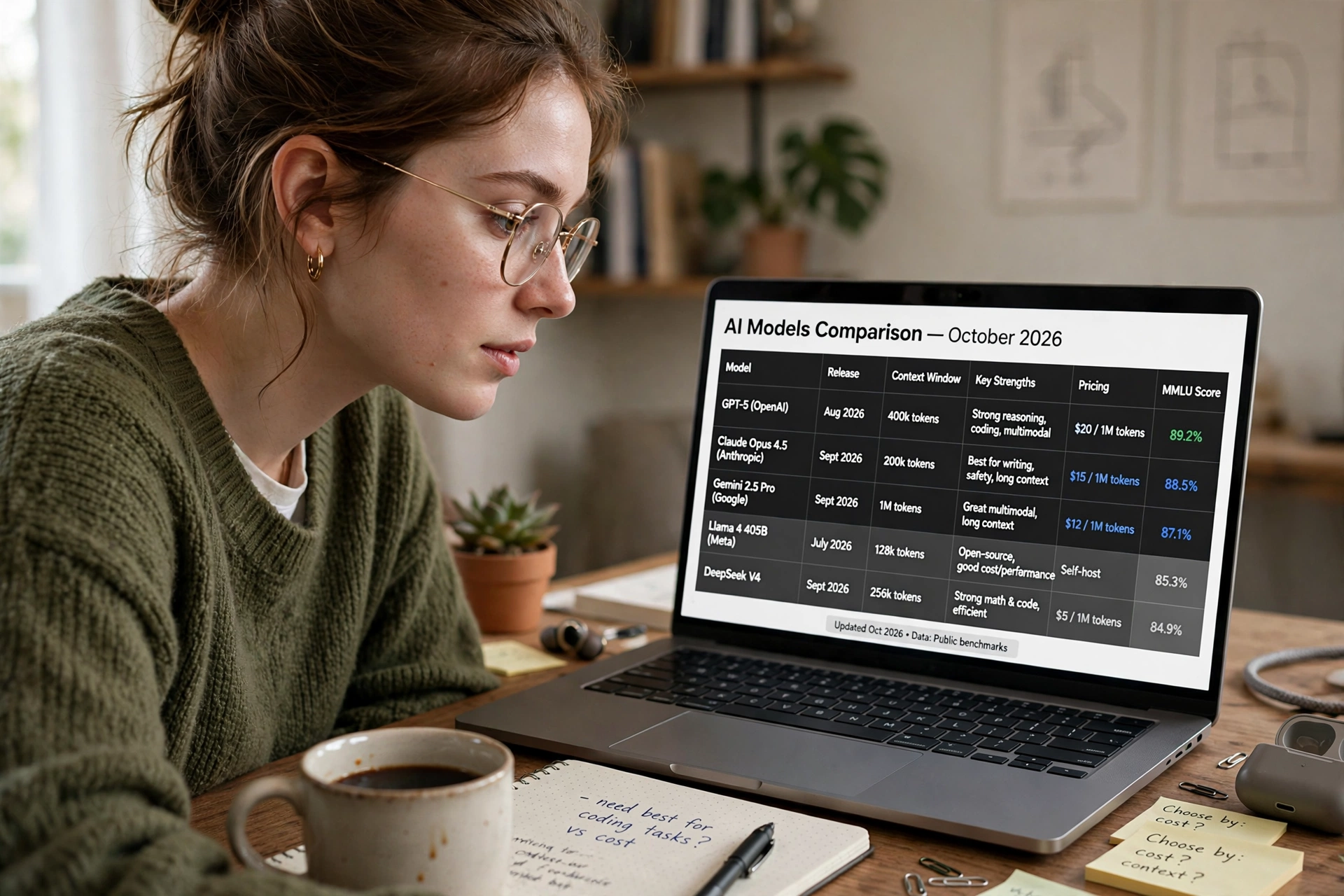 Người phụ nữ đeo kính đang xem bảng so sánh các mô hình AI trên laptop, bên cạnh là tách cà phê và sổ tay ghi chú.