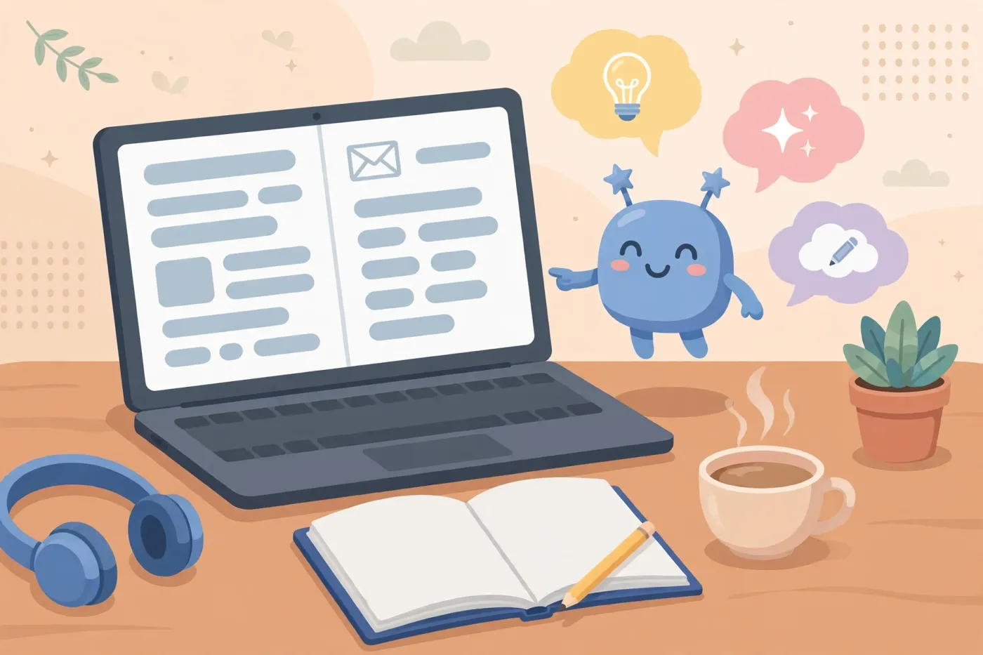 Laptop hiển thị bài viết và email, bên cạnh là nhân vật AI màu xanh với bong bóng ý tưởng bóng đèn, bút chì, trên bàn có sổ, tai nghe và tách cà phê