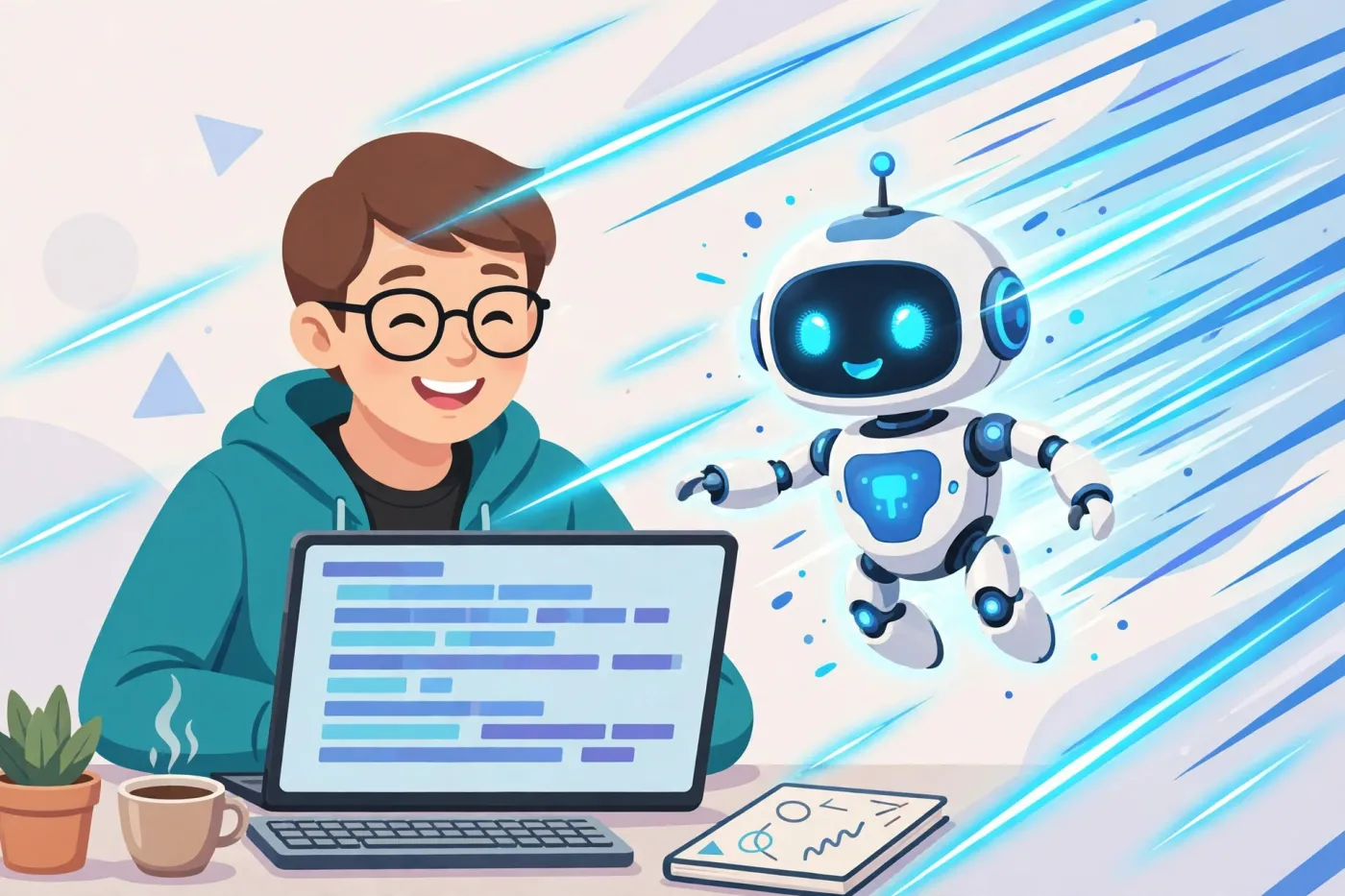Người đàn ông đeo kính cười tươi làm việc trên laptop cùng robot trắng xanh bay bên cạnh với vệt sáng tốc độ