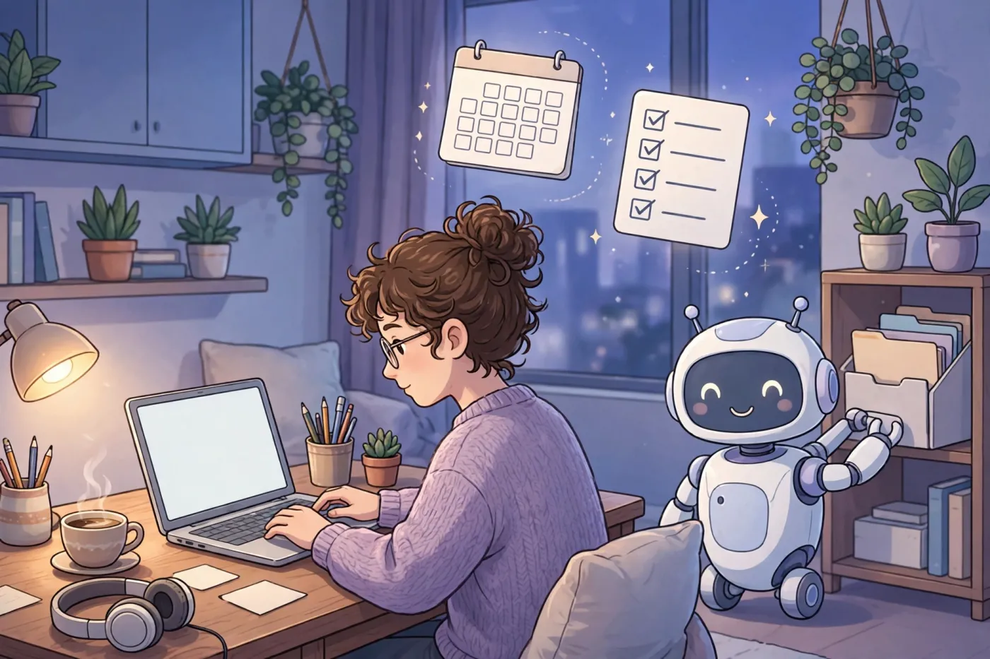 Người phụ nữ ngồi làm việc với laptop bên tách cà phê, robot trắng nhỏ đứng cạnh kệ hồ sơ, phía trên là lịch và bảng danh sách việc cần làm đang lơ lửng